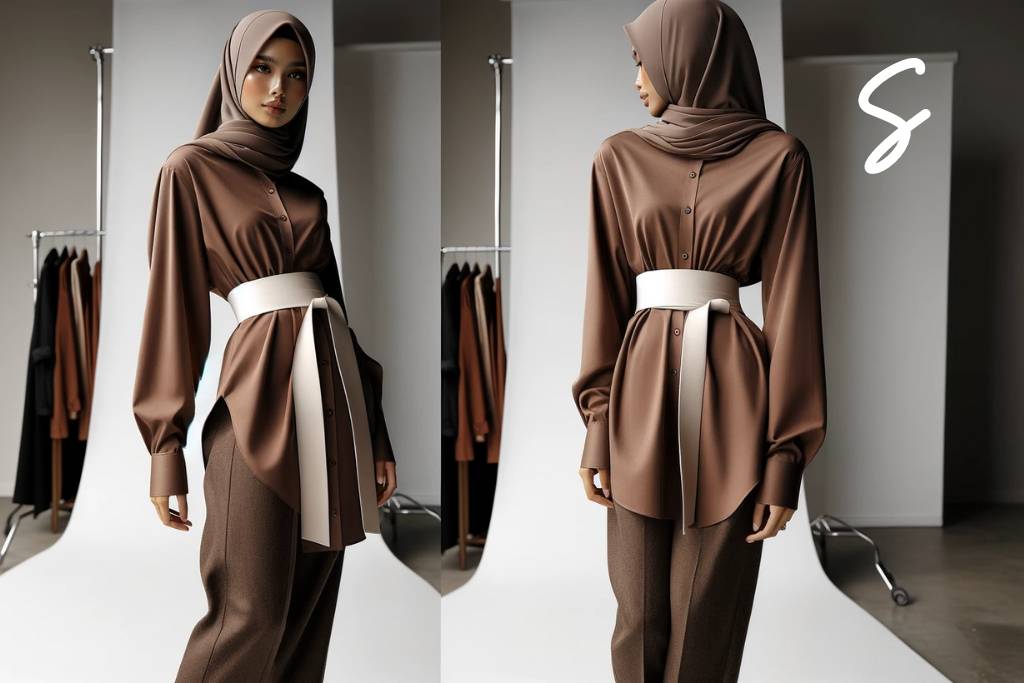 Kemeja Cokelat, Obi Belt Putih, dan Celana Cokelat