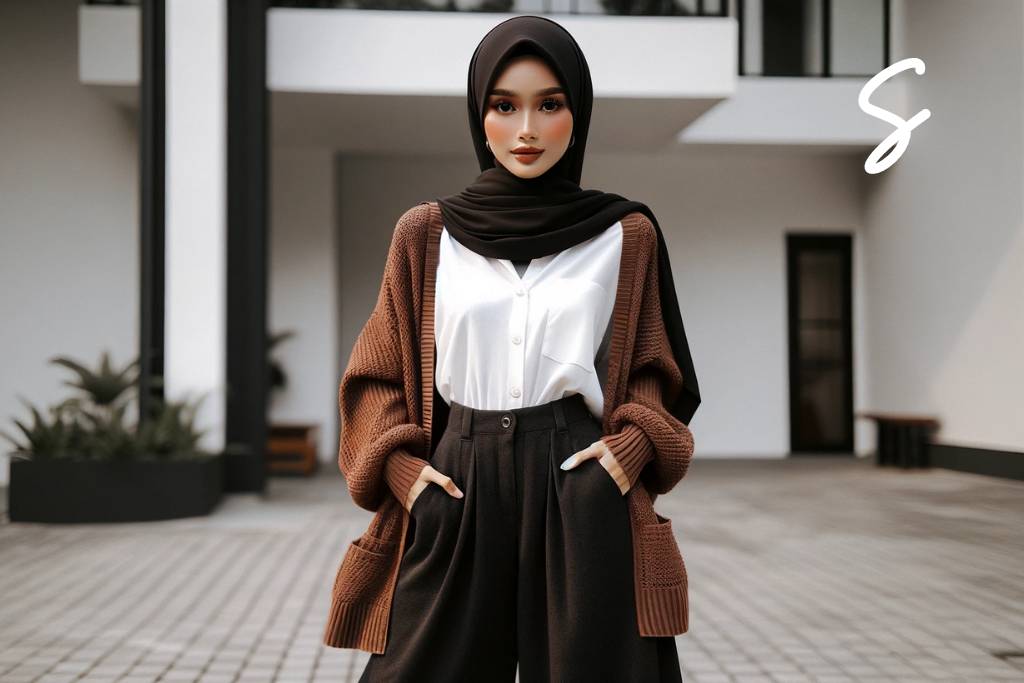 Kulot Hitam, Kemeja Putih, dan Cardigan Rajut Cokelat