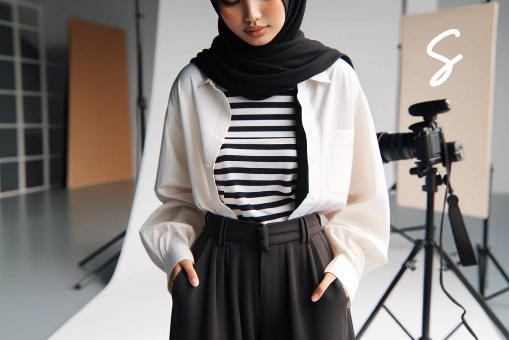 Kulot Hitam, Kemeja Putih, dan Dalaman Stripe Shirt