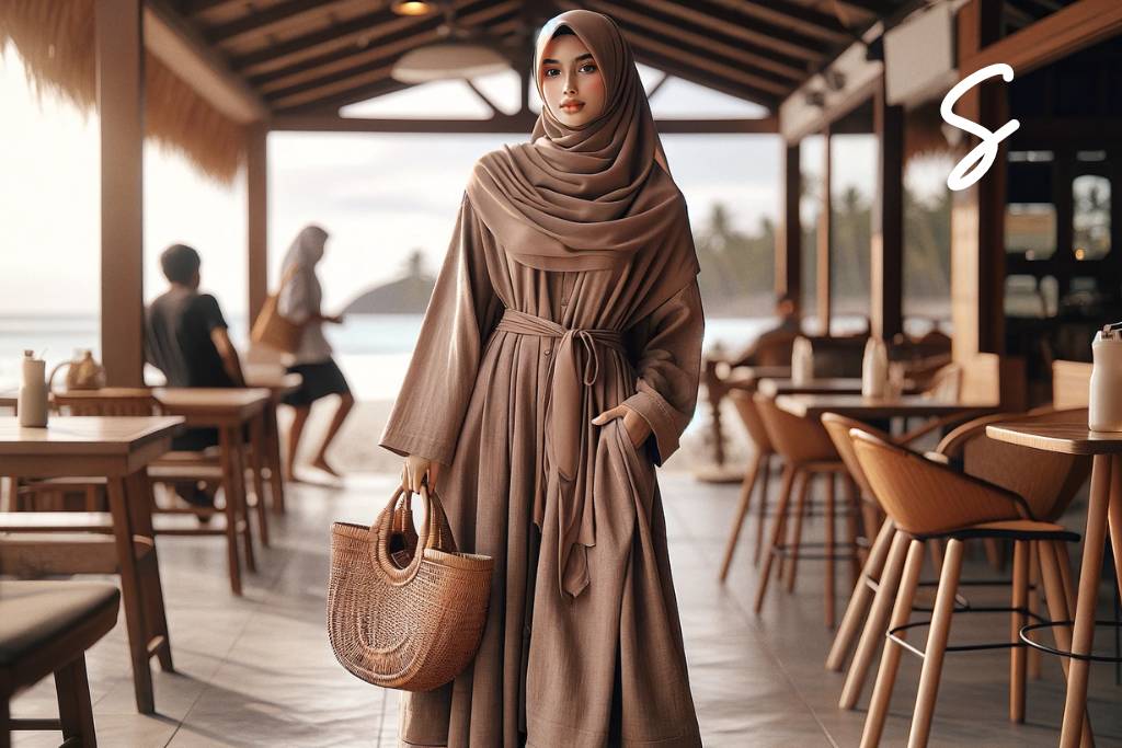 7 Ide Outfit Hijab Liburan ke Bali yang Comfy 4 Gamis Warna Cokelat, Kemeja Warna Nude, dan Tas Rotan