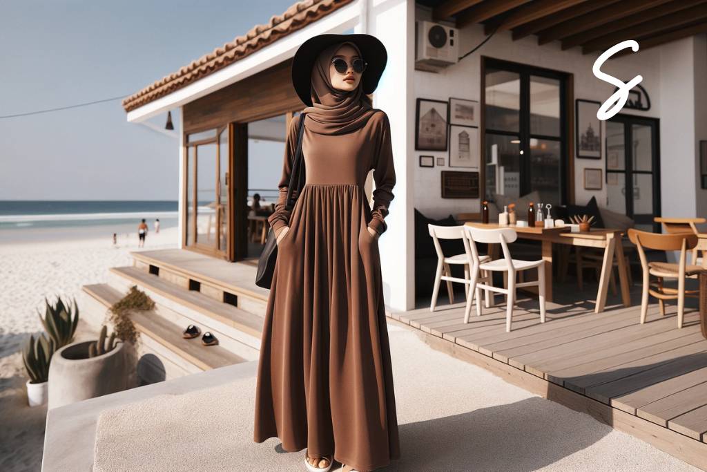 7 Ide Outfit Hijab Liburan ke Bali yang Comfy 2 Gamis Warna Cokelat Susu, Kacamata Hitam, dan Floppy Hat