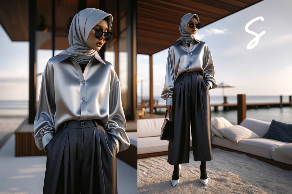7 Ide Outfit Hijab Liburan ke Bali yang Comfy 3 Kemeja Bahan Shimmer Warna Silver dan Celana Kulot Hitam