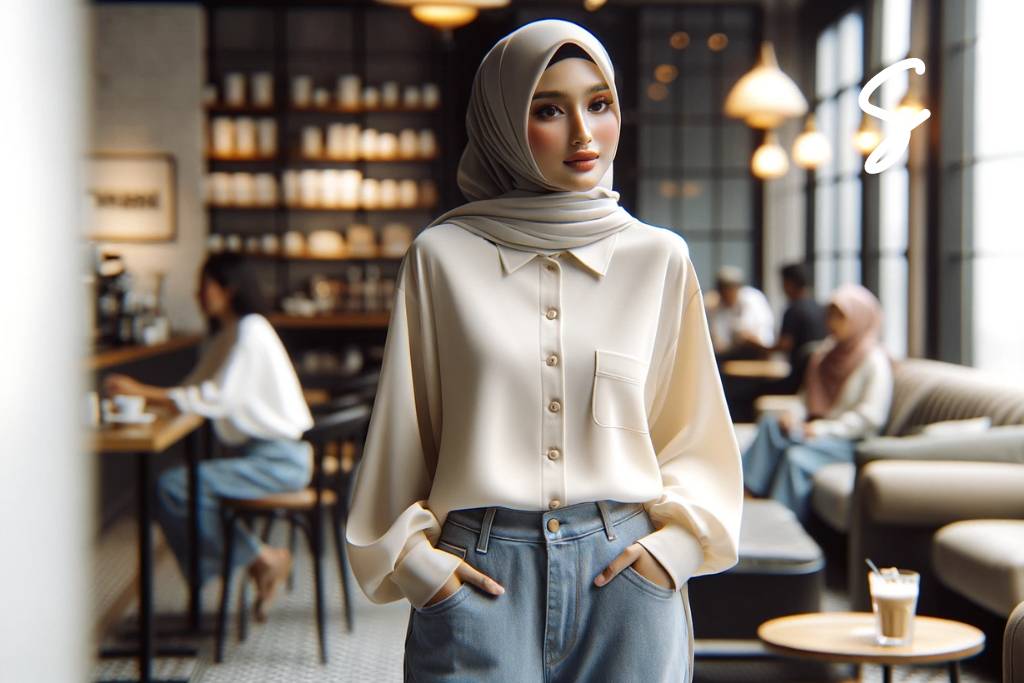 Kemeja Cream dan Celana Denim Light Blue
