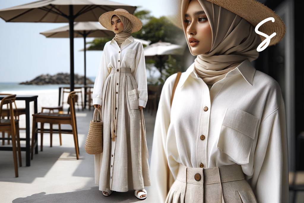7 Ide Outfit Hijab Liburan ke Bali yang Comfy 1 Kemeja Putih Oversize dan Rok Linen Beige