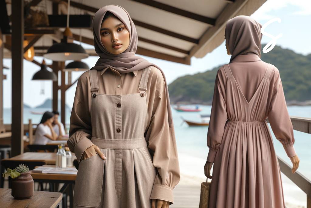 7 Ide Outfit Hijab Liburan ke Bali yang Comfy 6 Kemeja Warna Cokelat Susu dan Overall Dress Warna Dusty Pink