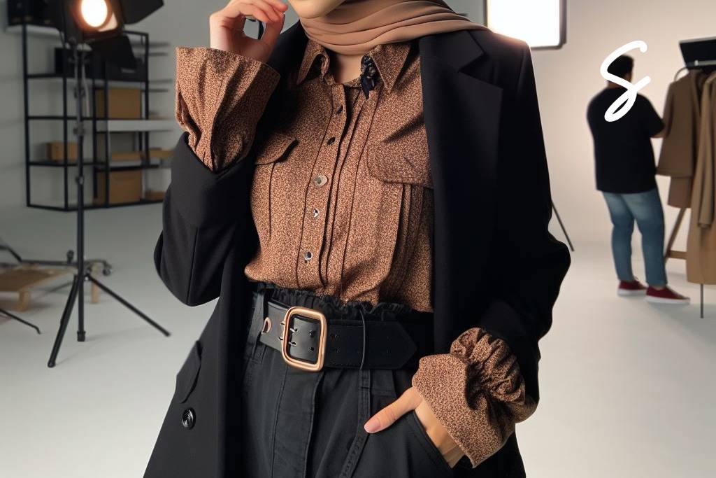 Kemeja Warna Cokelat, Blazer Warna Hitam, dan Rok Cargo Warna Hitam
