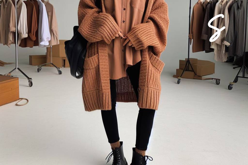 7 Ide Outfit Kemeja dan Legging Stylish untuk yang Berhijab 3 Kemeja Warna Cokelat Susu, Legging Warna Hitam, dan Cardigan Rajut Warna Cokelat