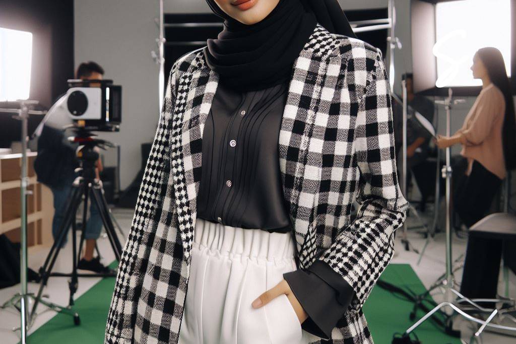 7 Ide Outfit Monokrom Hijab untuk Formal hingga Casual 1 Kemeja Warna Hitam, Celana Kulot Putih, dan Blazer Motif Checkerboard Hitam Putih