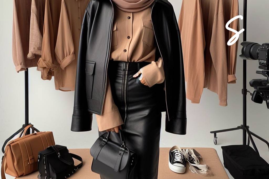 7 Gaya OOTD Kemeja dan Rok Span untuk yang Berhijab 6 Kemeja Warna Nude, Leather Jacket Warna Hitam Oversize, dan Rok Span Warna Hitam