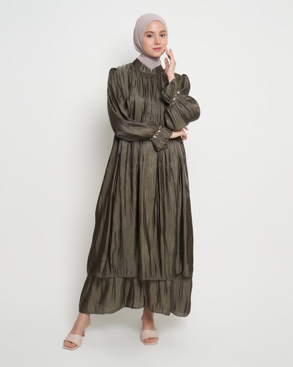 Gamis Shimmer Wanita Mewah Warna Army dengan Payet Shenada - Depan 2