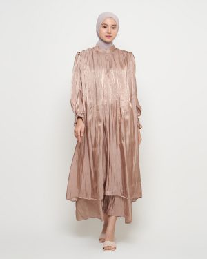 Gamis Shimmer Wanita Mewah Warna Mocca dengan Payet Shenada - Depan 1