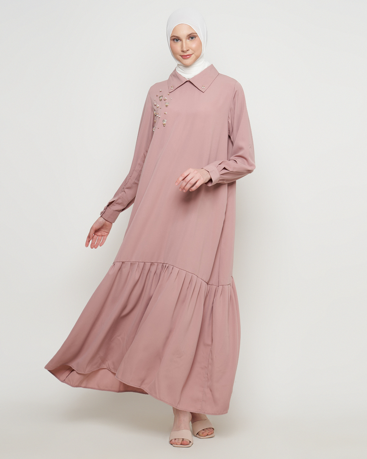 Gamis Wanita Mewah Warna Rosy Brown dengan Payet Shenada
