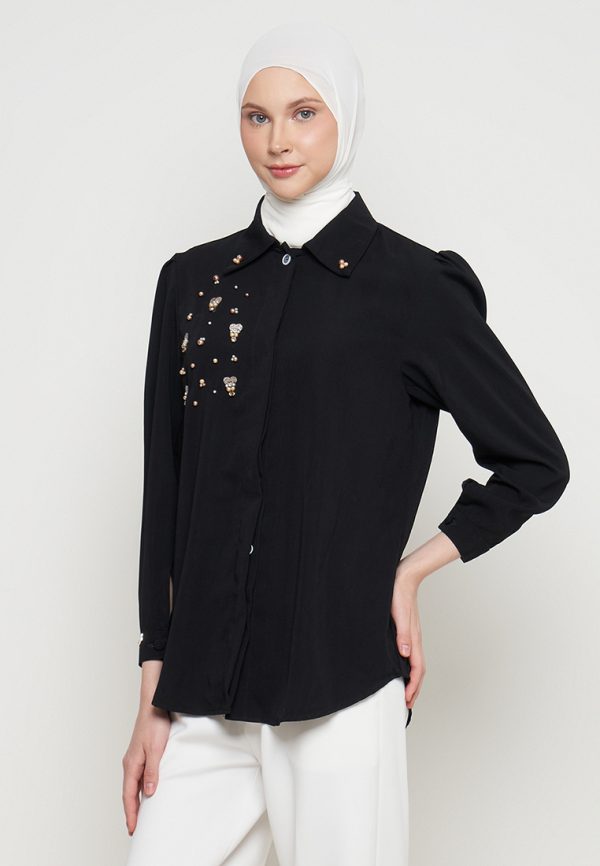 Kemeja Wanita Hitam Mewah - Shenada Eleganza Black - Depan 2