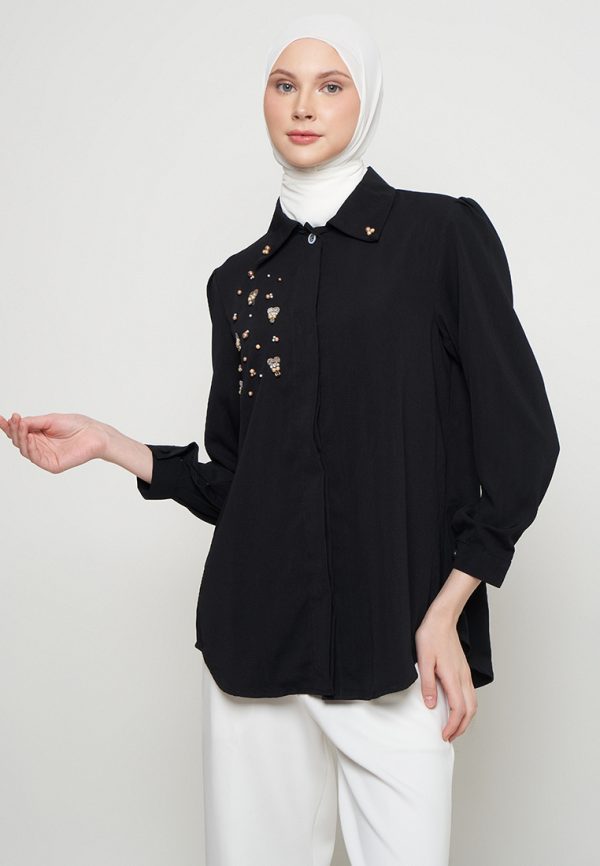Kemeja Wanita Hitam Mewah - Shenada Eleganza Black - Depan 3