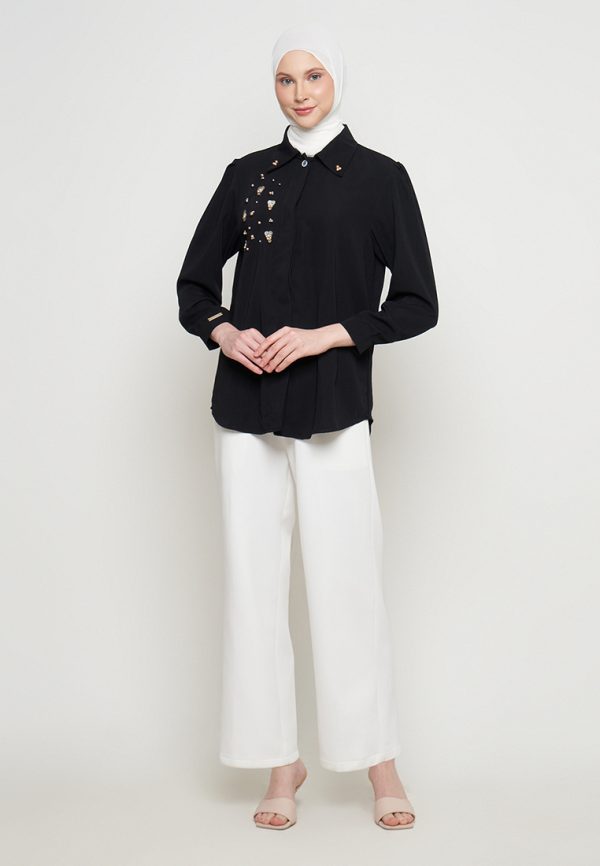 Kemeja Wanita Hitam Mewah - Shenada Eleganza Black - Depan
