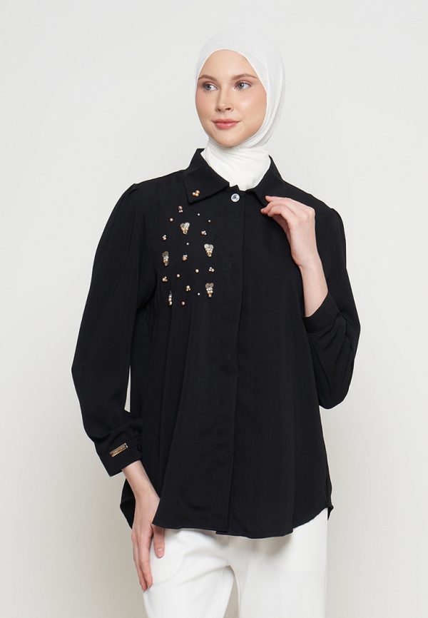 Kemeja Wanita Mewah Warna Black dengan Payet Shenada