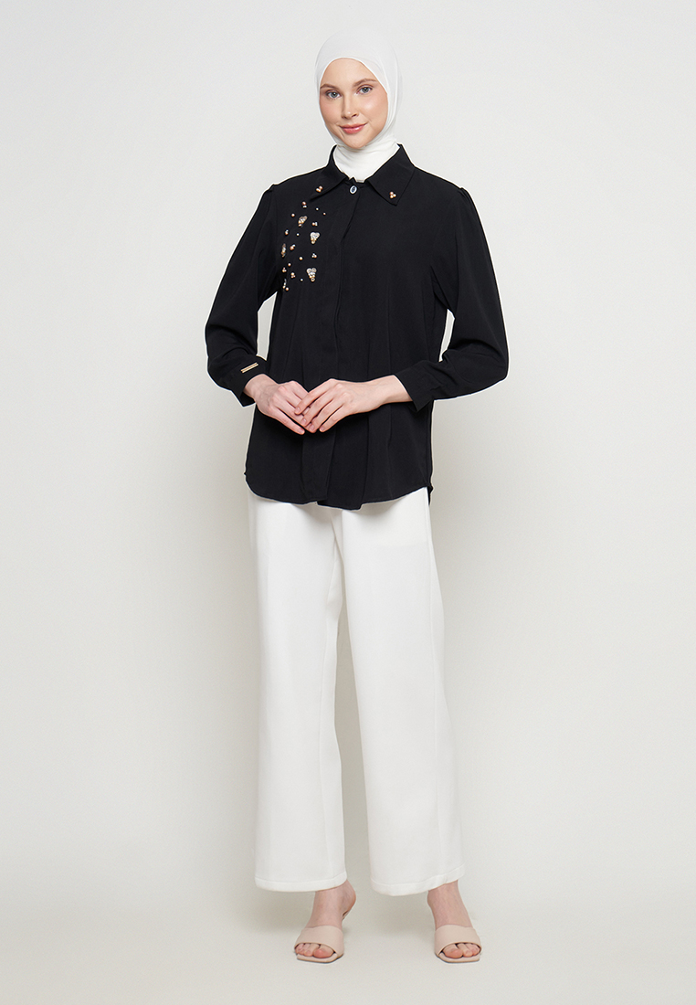 Kemeja Wanita Hitam Mewah - Shenada Eleganza Black - Depan