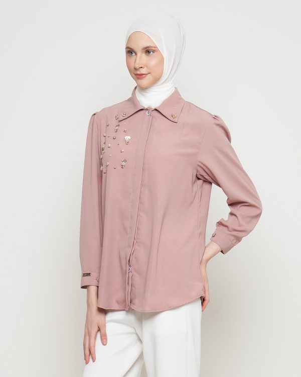 Kemeja Wanita Mewah Warna Rosy Brown dengan Payet Shenada