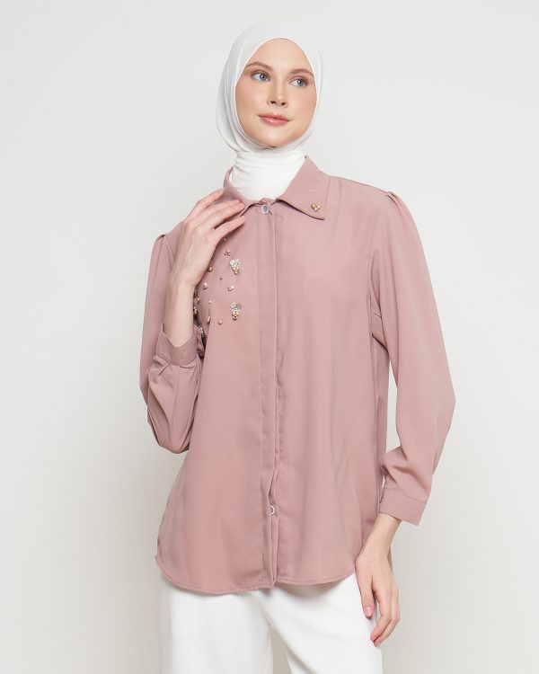 Kemeja Wanita Mewah Warna Rosy Brown dengan Payet Shenada